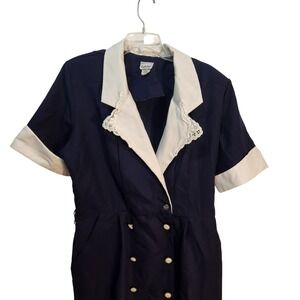 Earth Angel Vintage 80s‎ Navy Blue White Collar Double Breasted Dress Size 17/18